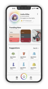 Colourfit mockup: home screen, trending slider item flip view.