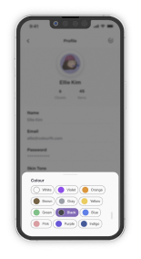 Colourfit mockup: edit profile screen, change hair colour dropdown.